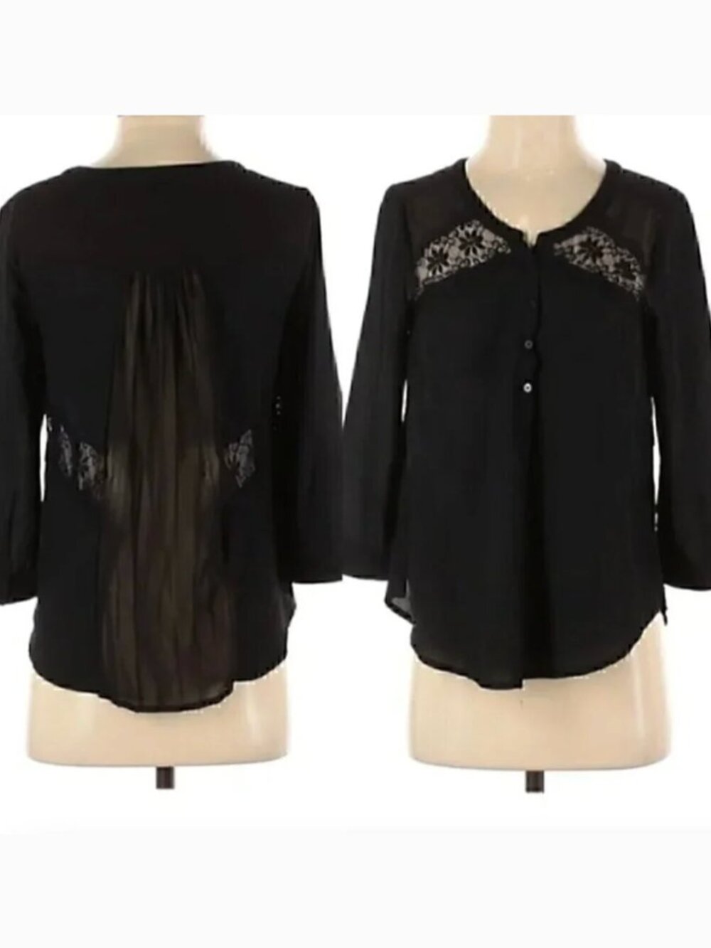 AMERICAN EAGLE Black Floral Lace Inset Semi Sheer 3/4 Sleeve Boho Peasant Blouse